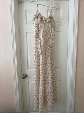 Floral Cream Maxi Dress with Pink Print and Ruffle Neckline